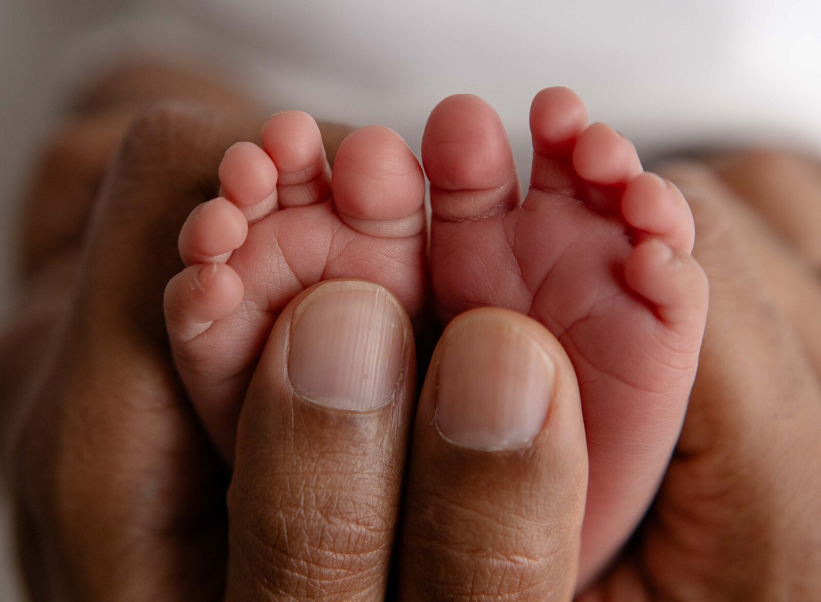 Macro pose of Dad holding baby's feet. Newborn Photography session photographed at Jenni Nikki's photo studio in Marietta, GA.