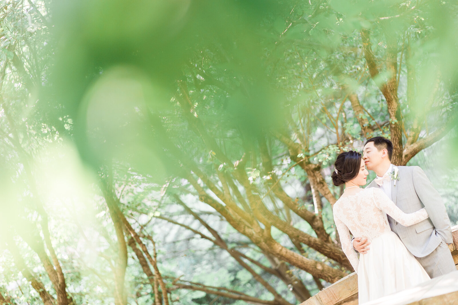 Bride and Groom portrait with leaves as foreground