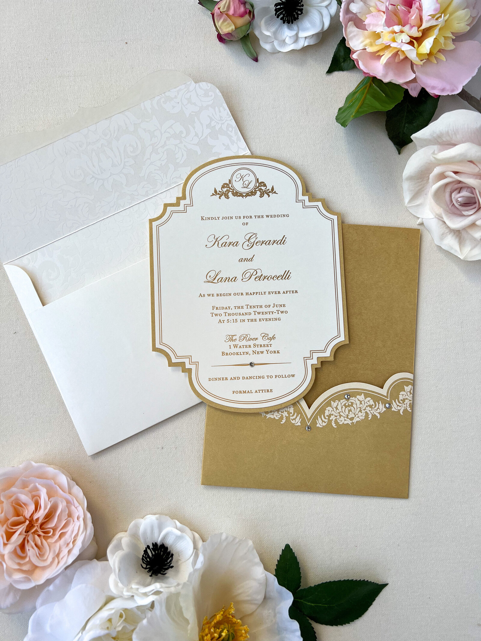 Gold Damask wedding invitation in pocket with crystals-02