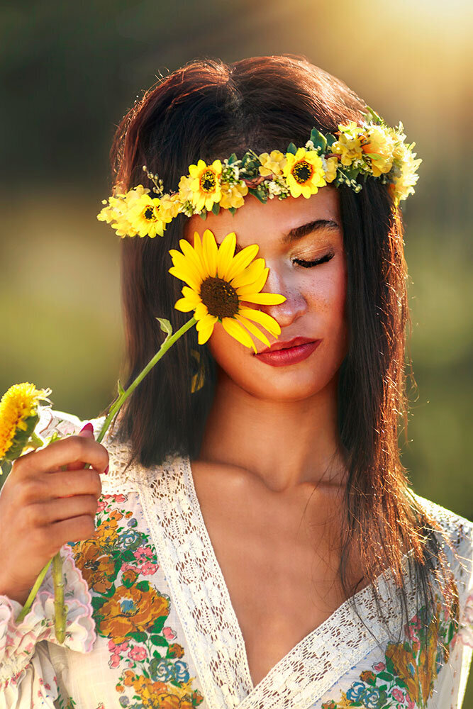 sunflowers-hair-cover-eye-headband-black-hair-artistic-1960-hippie-vibe-unique-high-school-senior-thrift-shop-dress