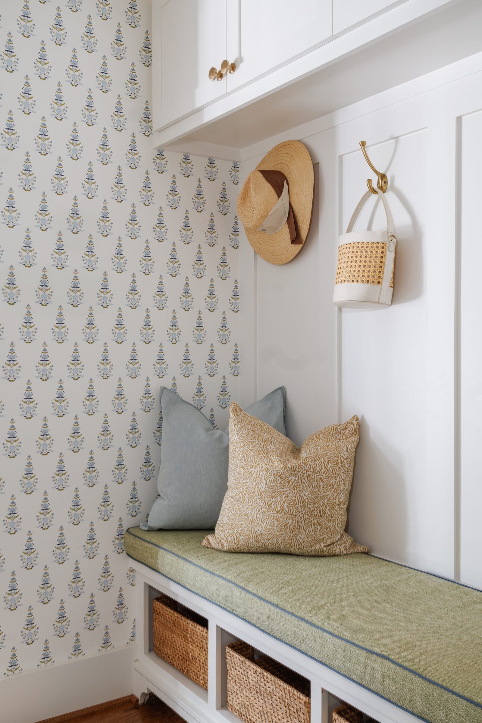 vision and hammer interior design entrywall nook with bench and gold hooks