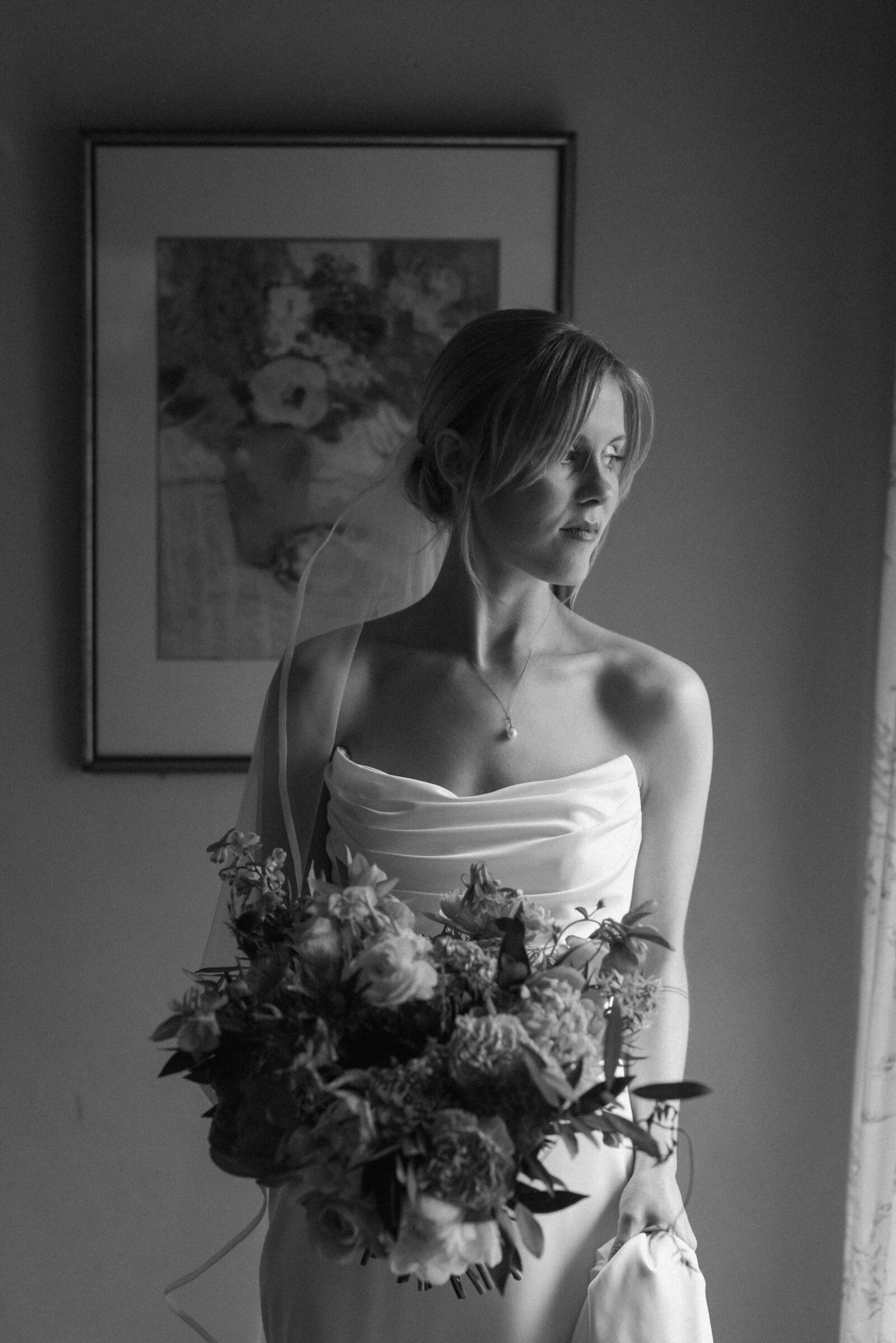 editorial black and white photo of a bride