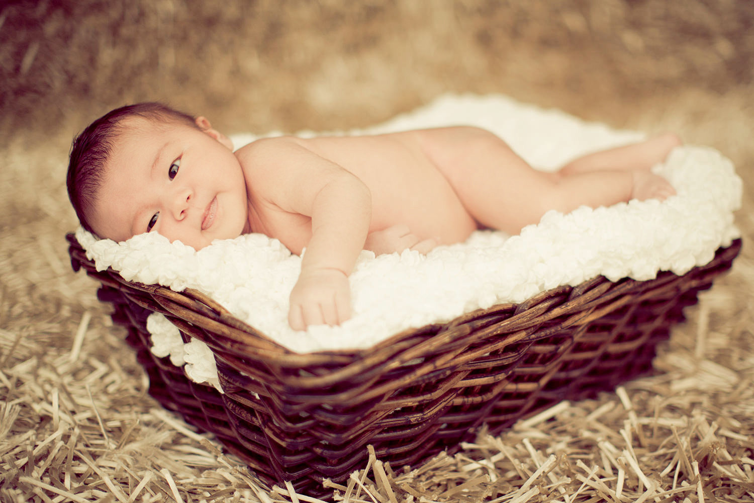 san diego newborn photographer | newborn sleeping in wicker basket with white blanket