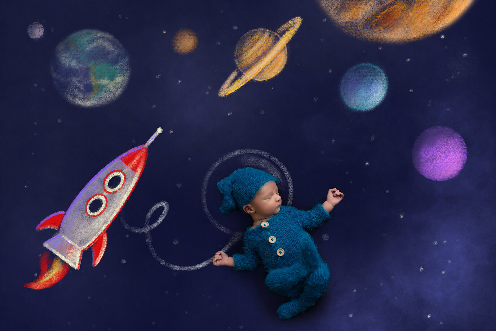 Newborn boy in space themed photo.