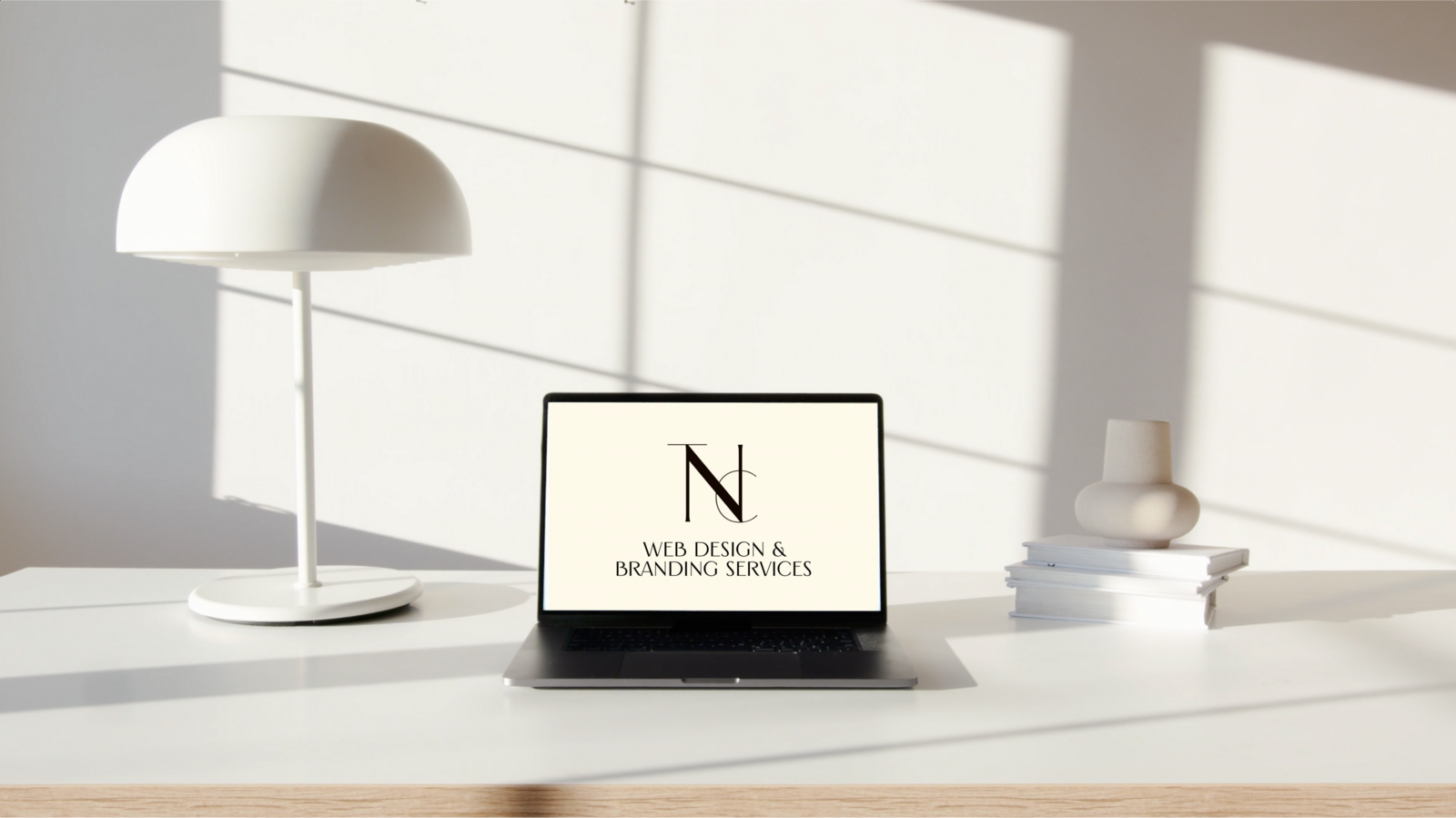 Computer on a desk with The Nelson Collective logo and web design & branding services.