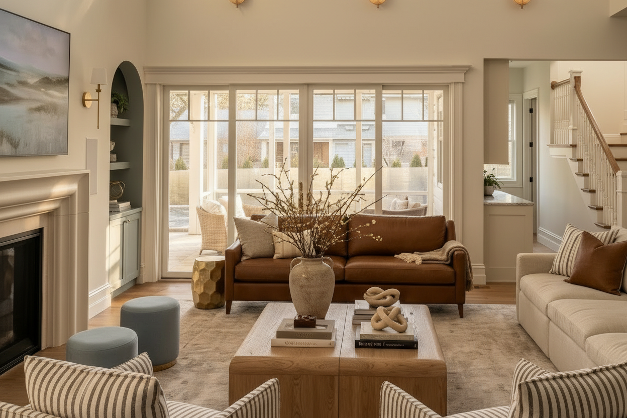 Furnished great room with layered neutral upholstery, natural textures and collected accessories by Bucklin Design Co.