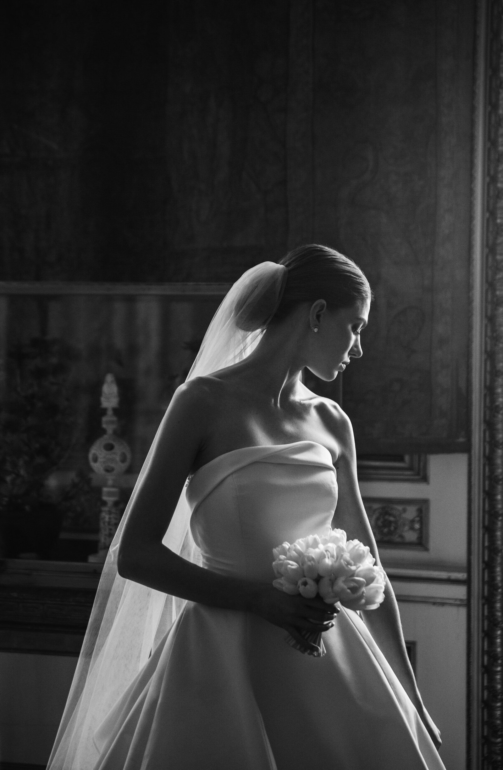 black and white portrait of bride looking down