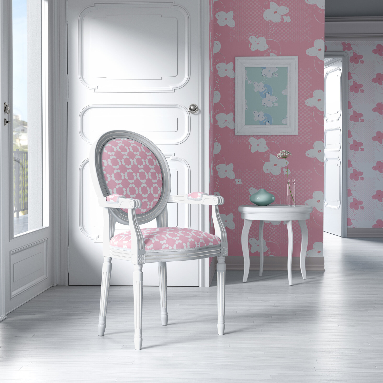 Room with pink and white floral wallpaper