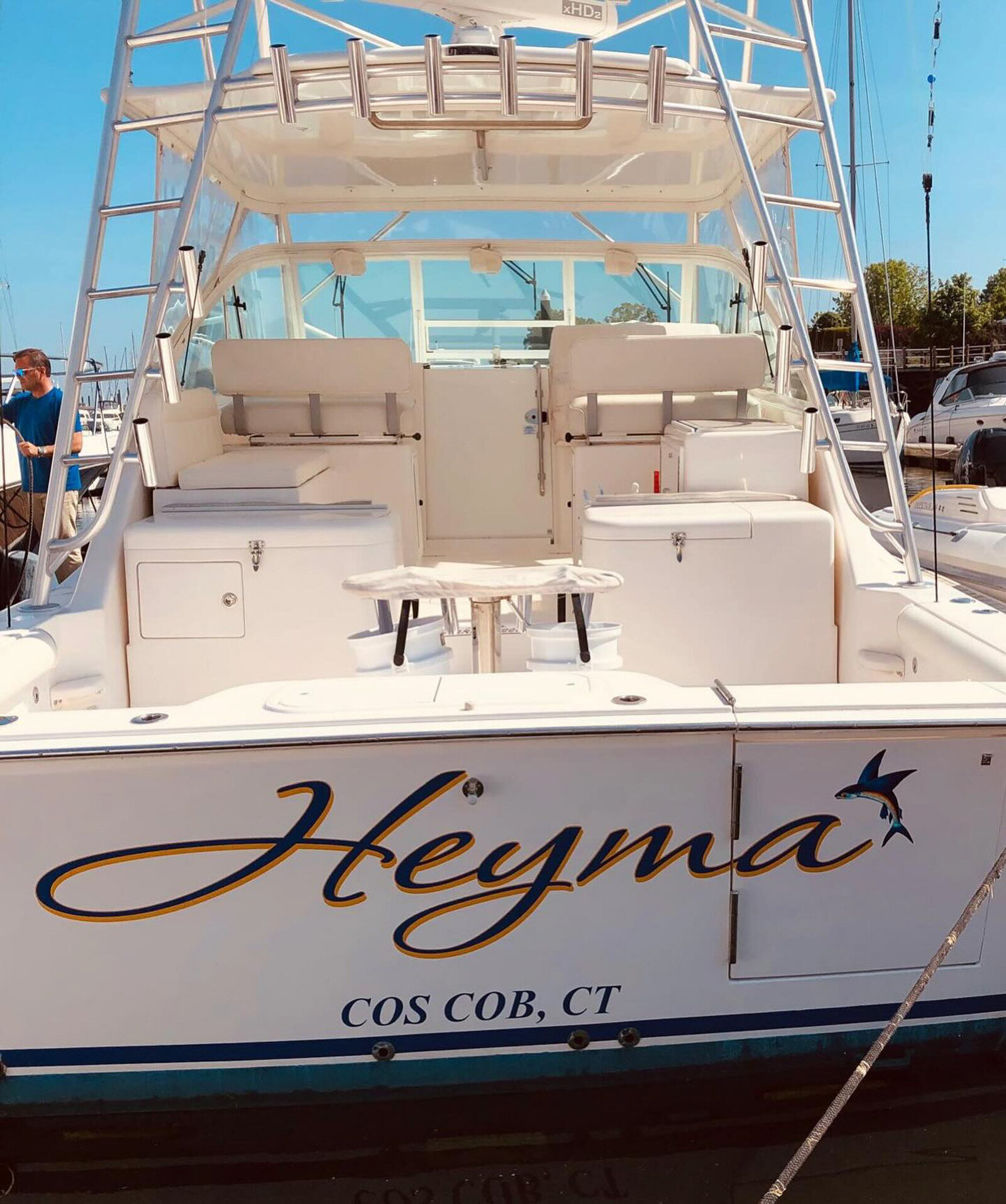 Rear view of a white yacht named "Heyma" at a dock