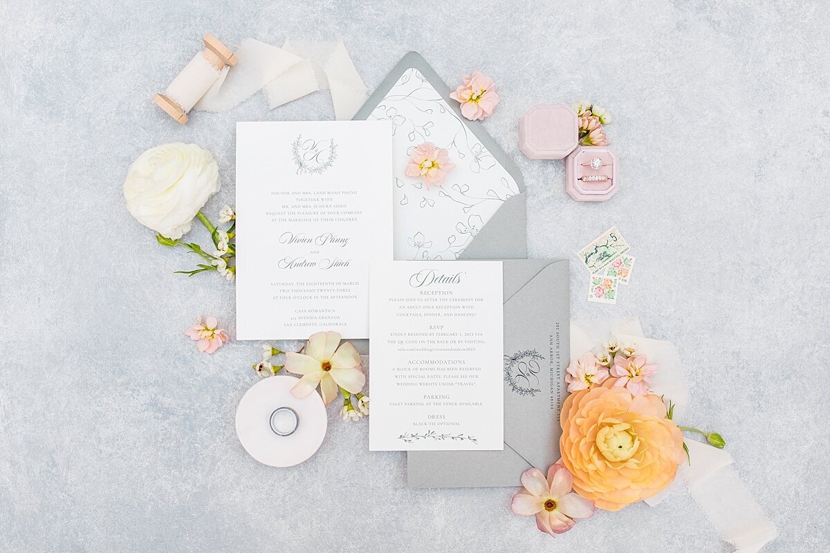 Wedding invitation suite at Casa Romantica in Orange County.