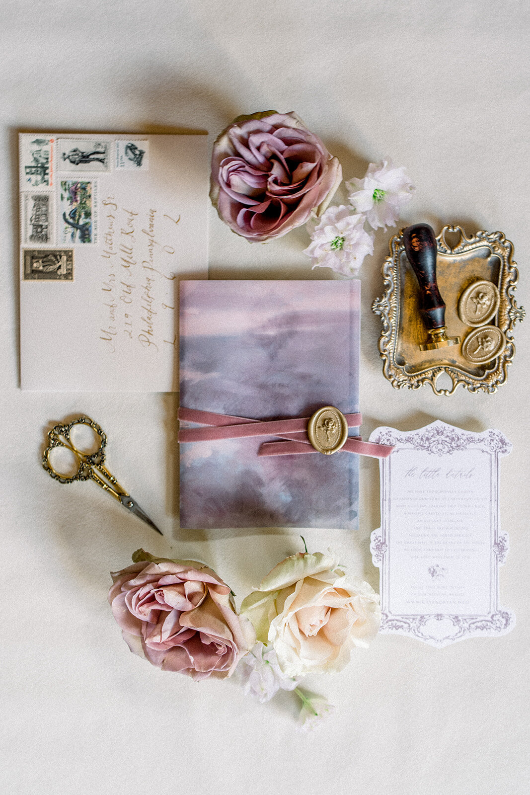A beautifully designed wedding invitation suite, perfectly capturing the essence of a luxurious wedding at Filoli in Woodside, California.