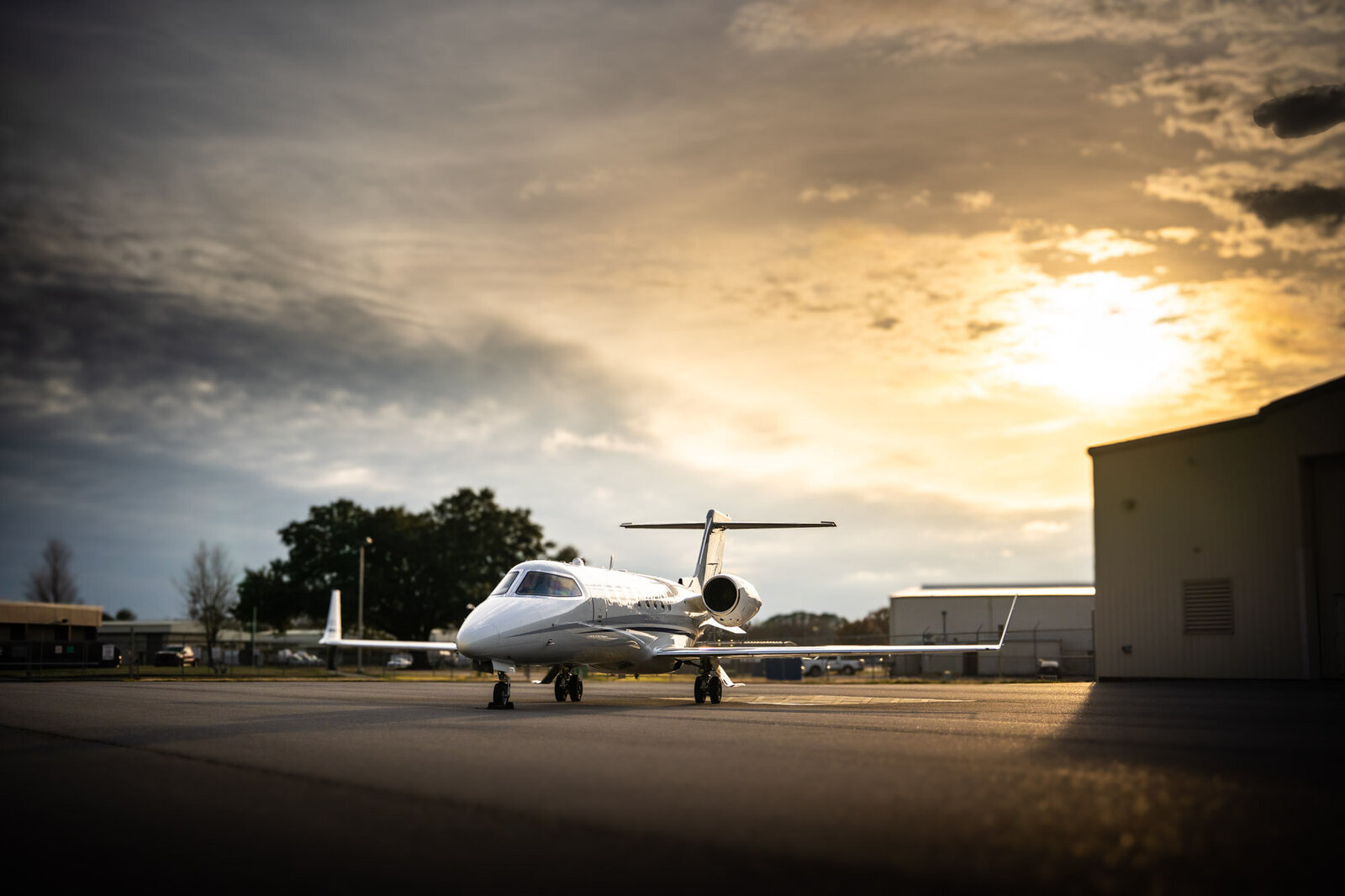 Private jet with dramatic sunset in Lafayette Louisiana