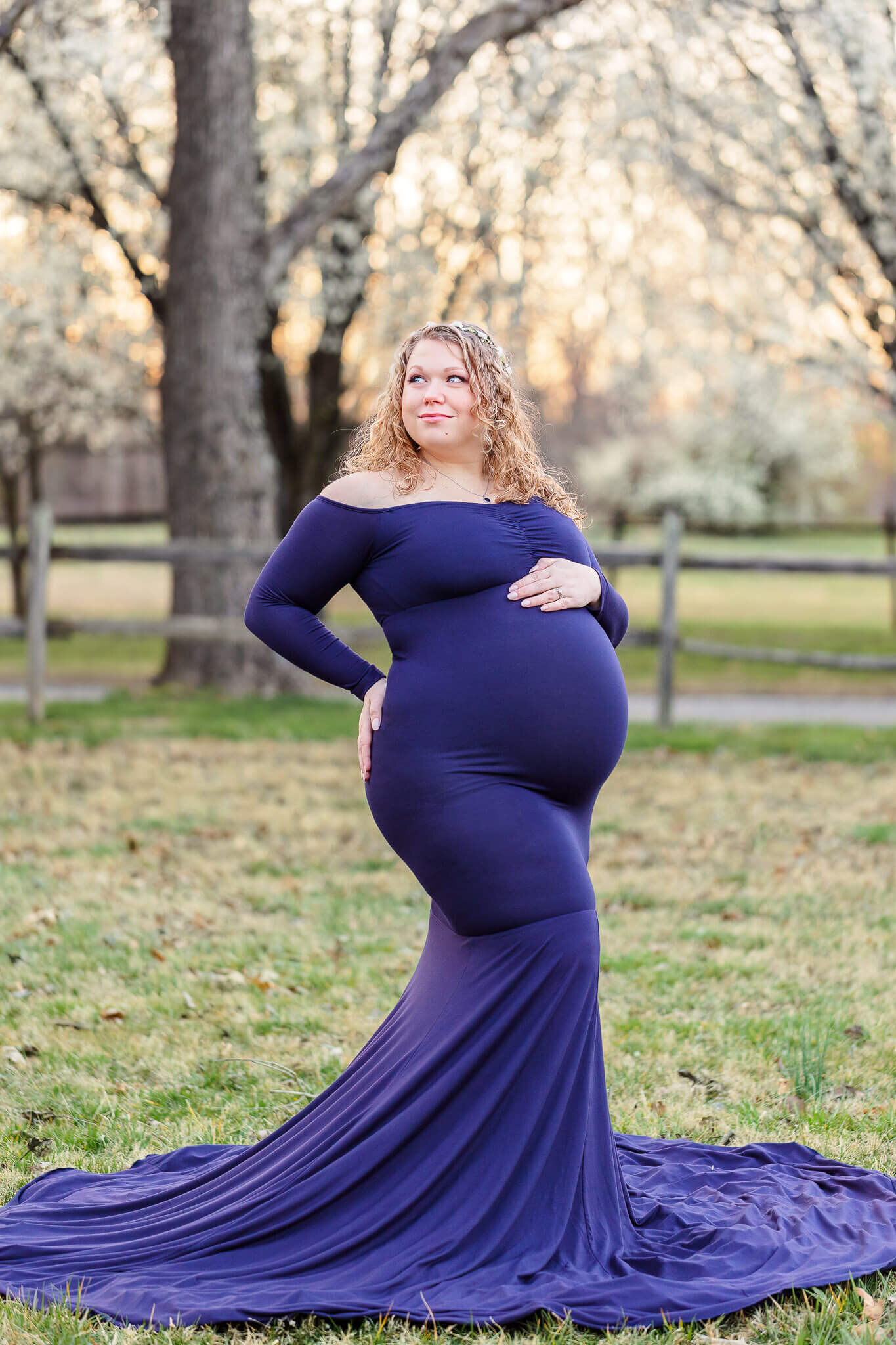 Expecting-Mom-Blue-Dress-Flowering-Trees-Burke-2