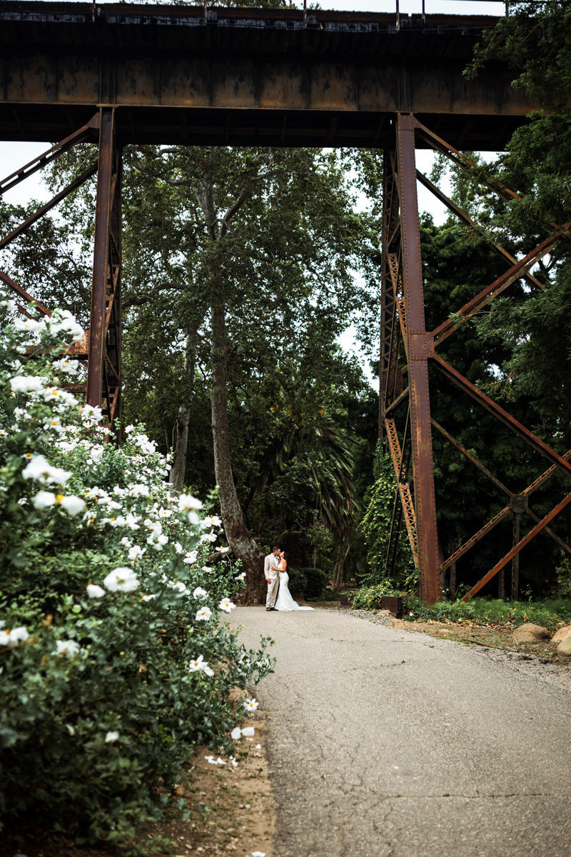 Wide image of couple kissing under a bridge in the forest.