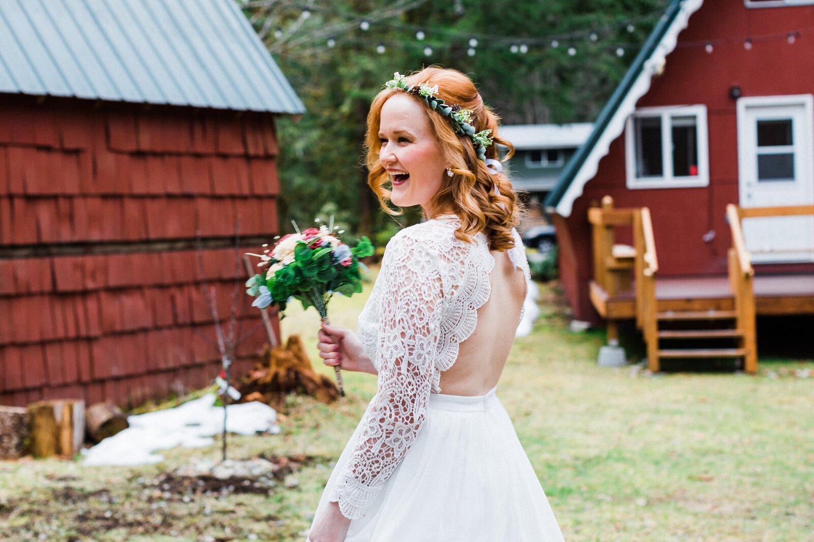 bride spining in at red a frame cabin