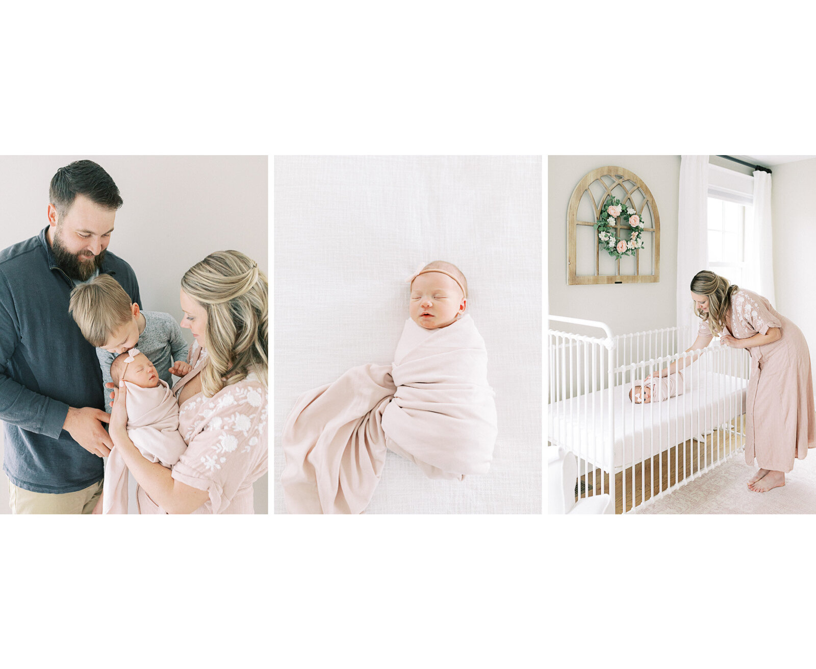 photo of family welcoming second baby home standing in nursery for photos with Milwaukee family photographer Talia Laird Photography