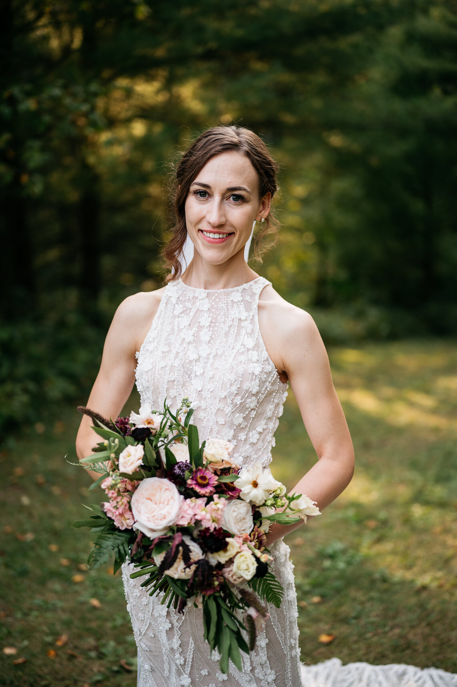 bride-portrait-halter-wedding-dress-pink-mauve-bouquet