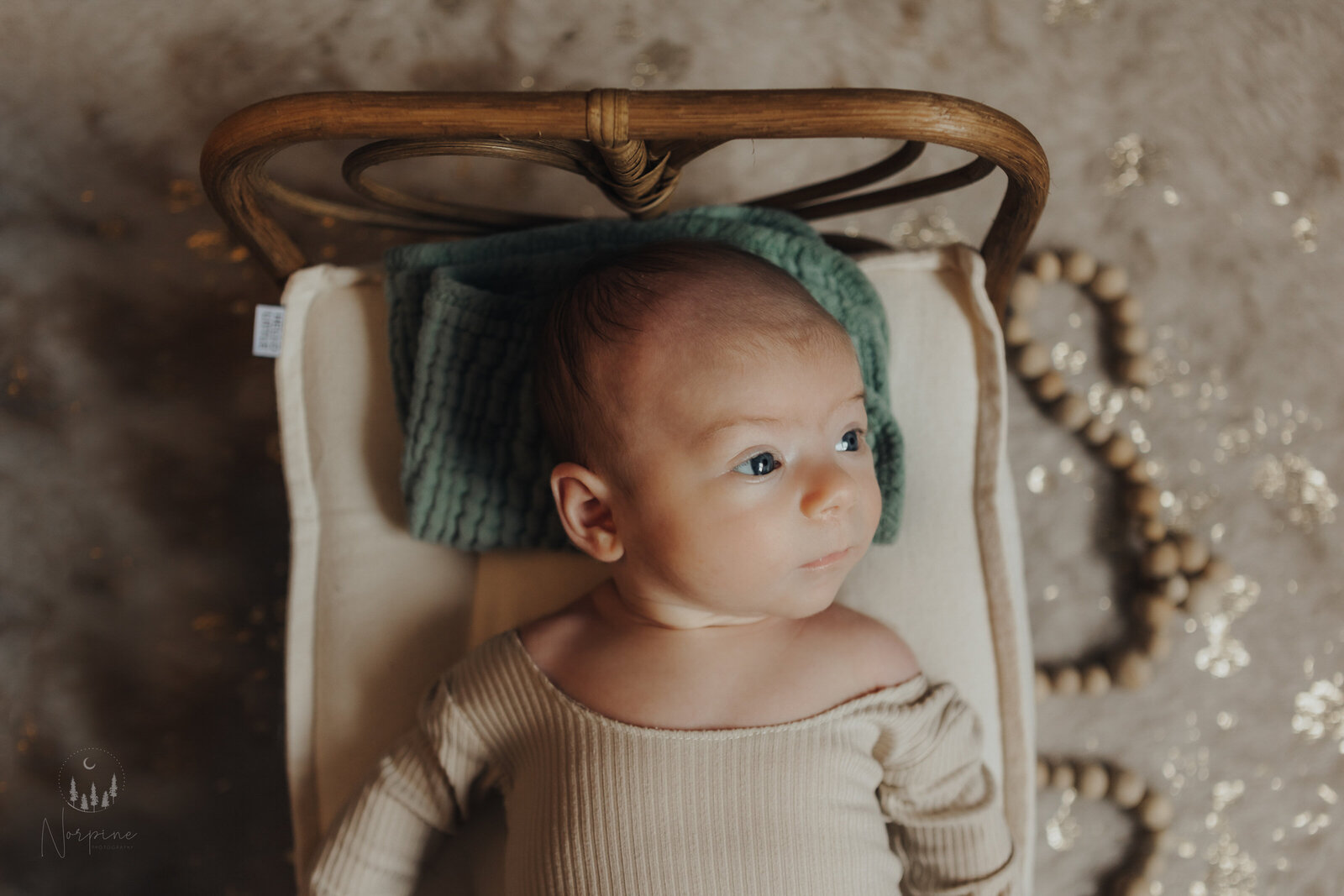 a newborn laying on their back in a newborn bed, with a green pillow, watermarked by norpine photography of gaylord mi