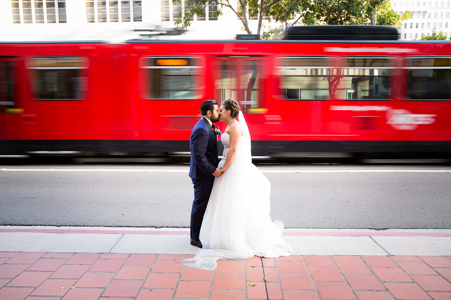 Red Trolley Wedding Portrait