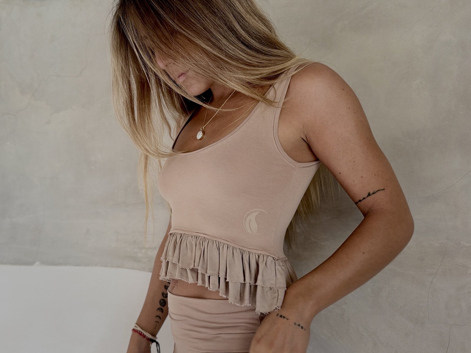 YinSide Yoga Bali - the perfect frill yoga top - Bali retreat collection - warm sand neutral colour eco brand Bali boutique yoga
