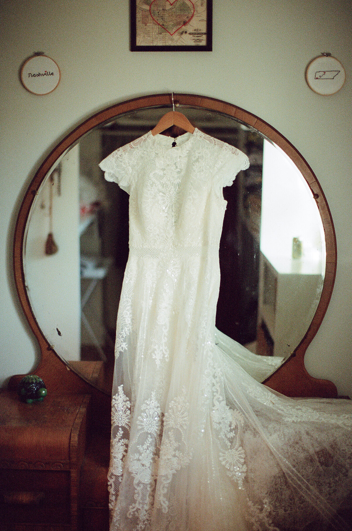 Film photo of a bride's dress before a fat bottom brewery wedding in Nashville
