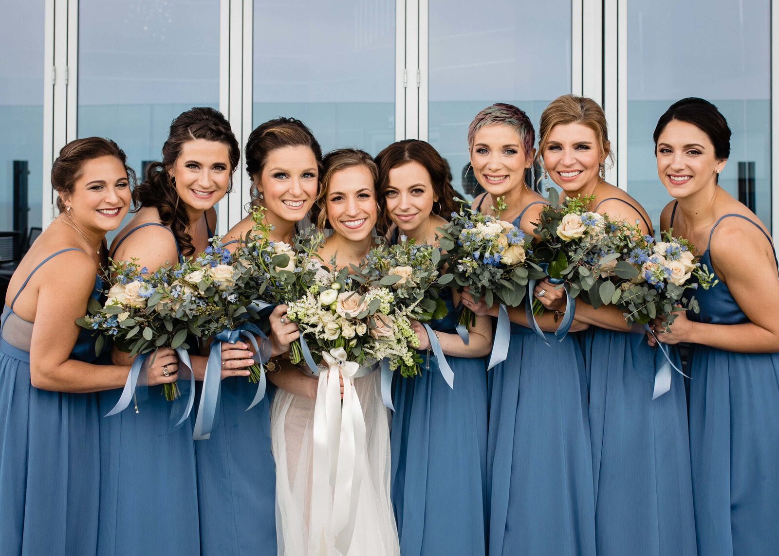 Ohio bridesmaids all in blue dresses