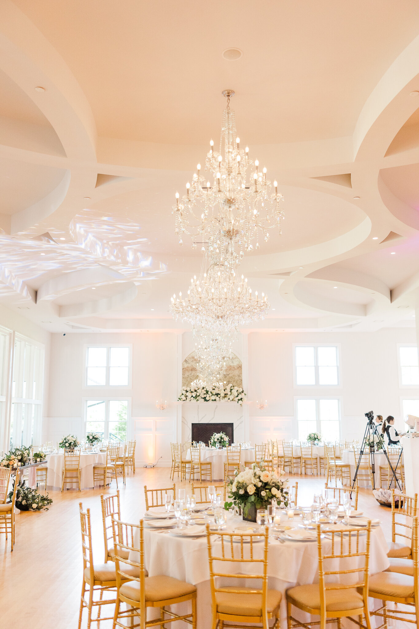 Wide shot of wedding reception setup at SkyView Golf Club featuring elegant decor