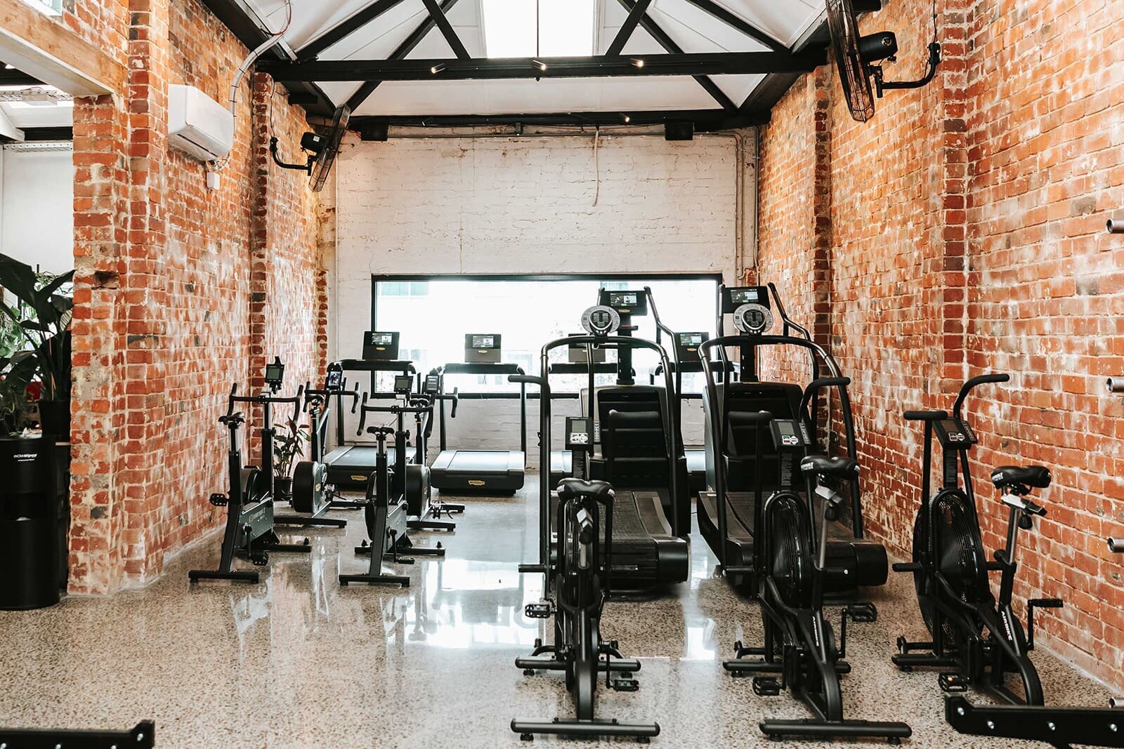 "Cardio equipment including treadmills and stair climbers in a Brunswick gym's bright, airy space."