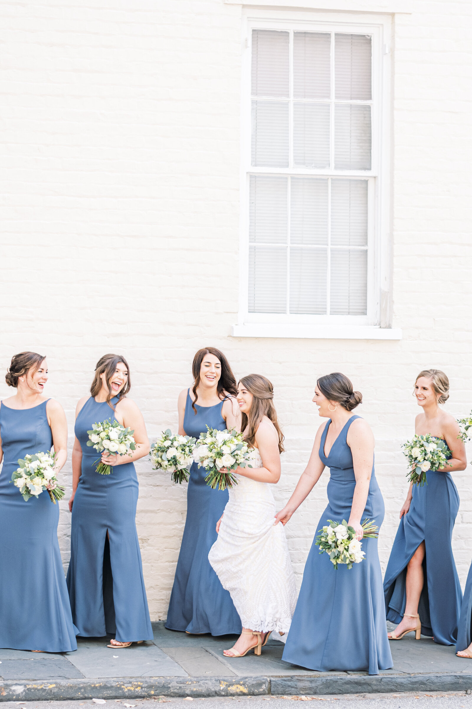 blue bridesmaids downtown Charleston summer wedding