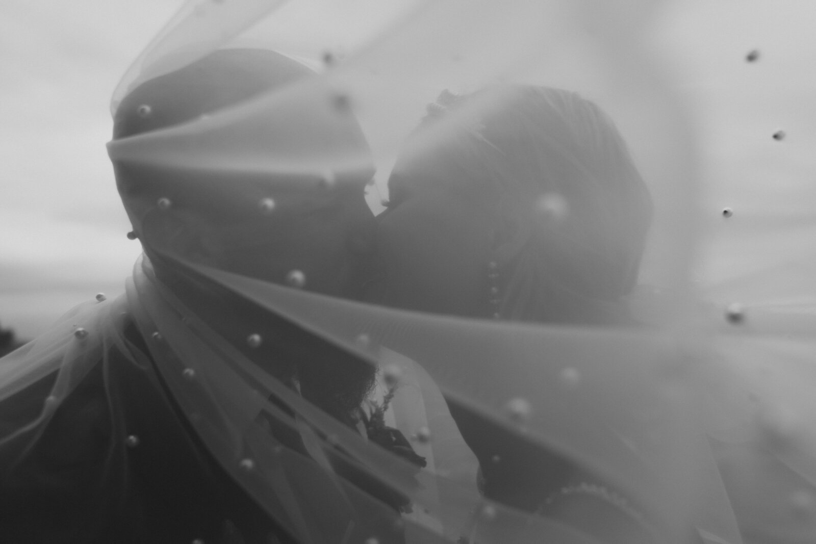 Bride and groom kissing under wedding veil