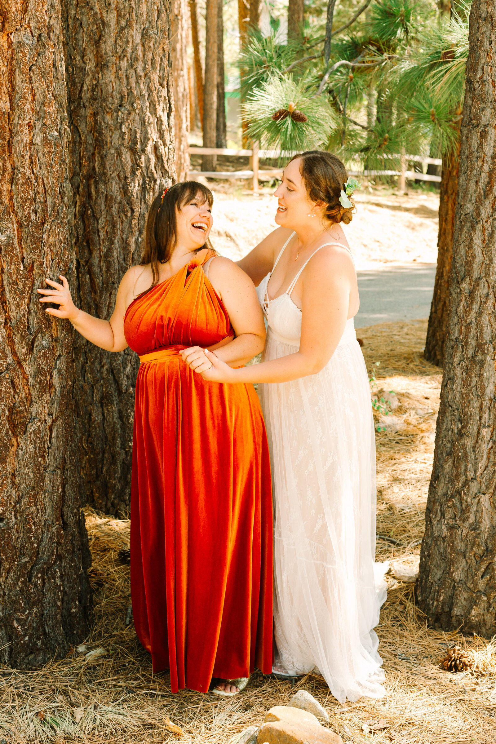 The bridal party celebrates an intimate elopement at a cabin at Big Bear Lake, California.