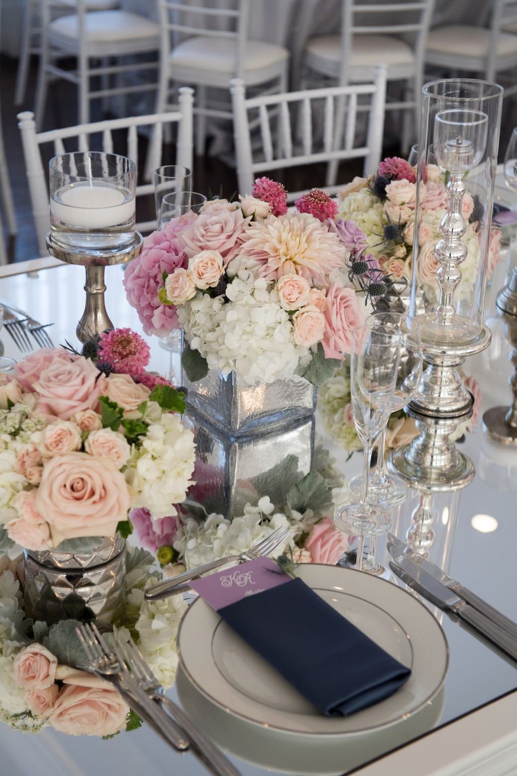 Modern tablescape in purple, blush and navy at Belle Mer in Newport, RI