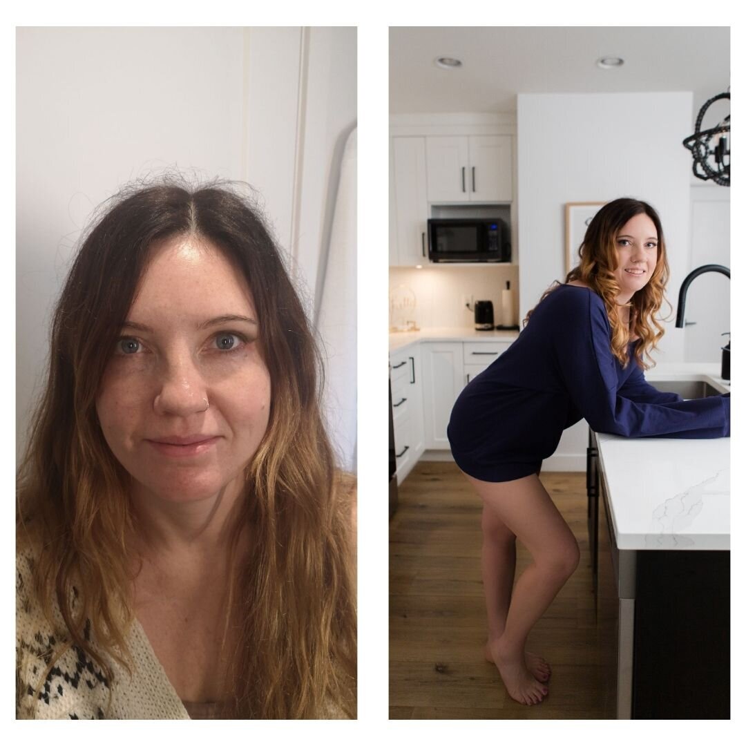 house wife before and after with boudoir make ups and blue shirts in the kitchen
