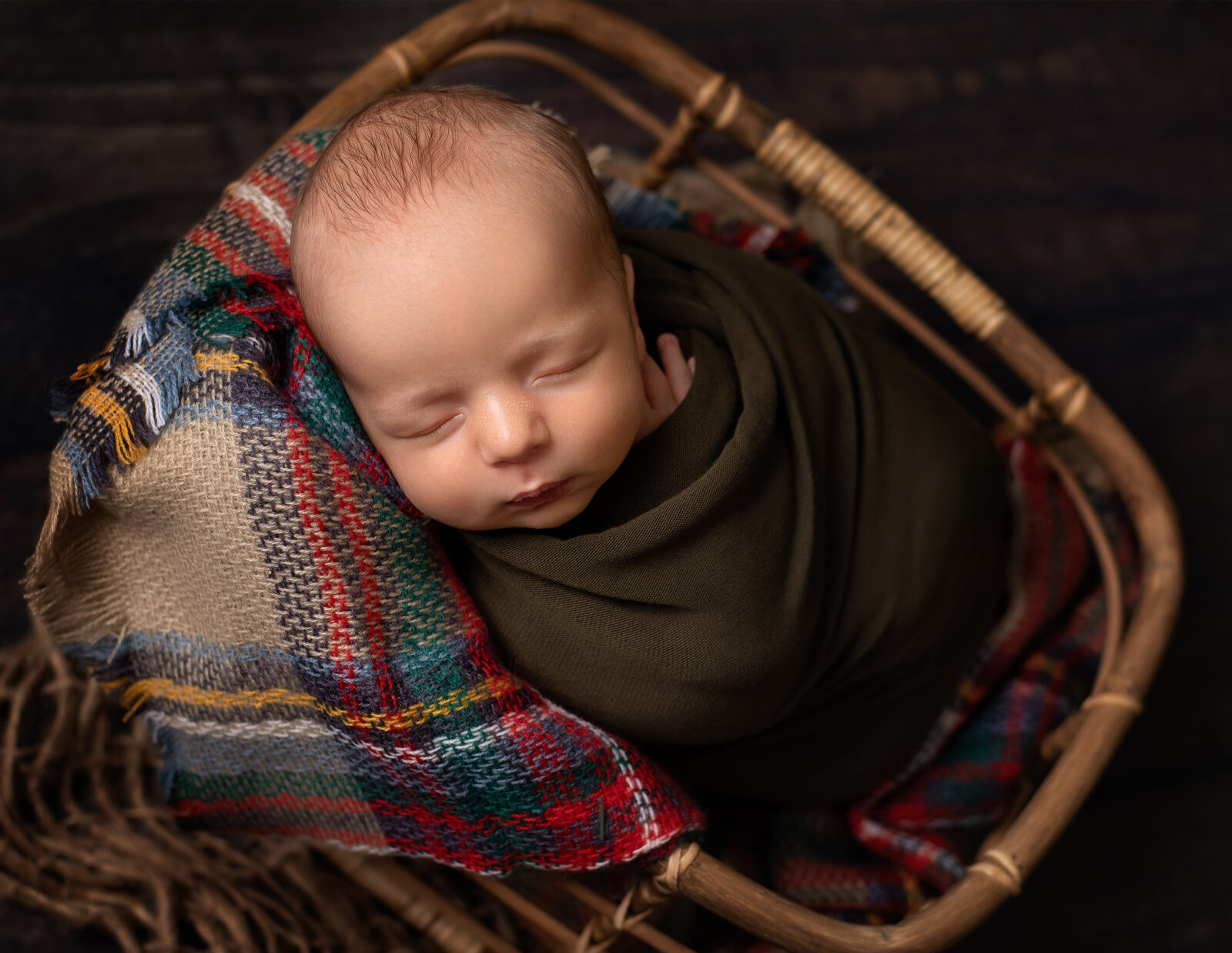 baby photo in basket and plaid