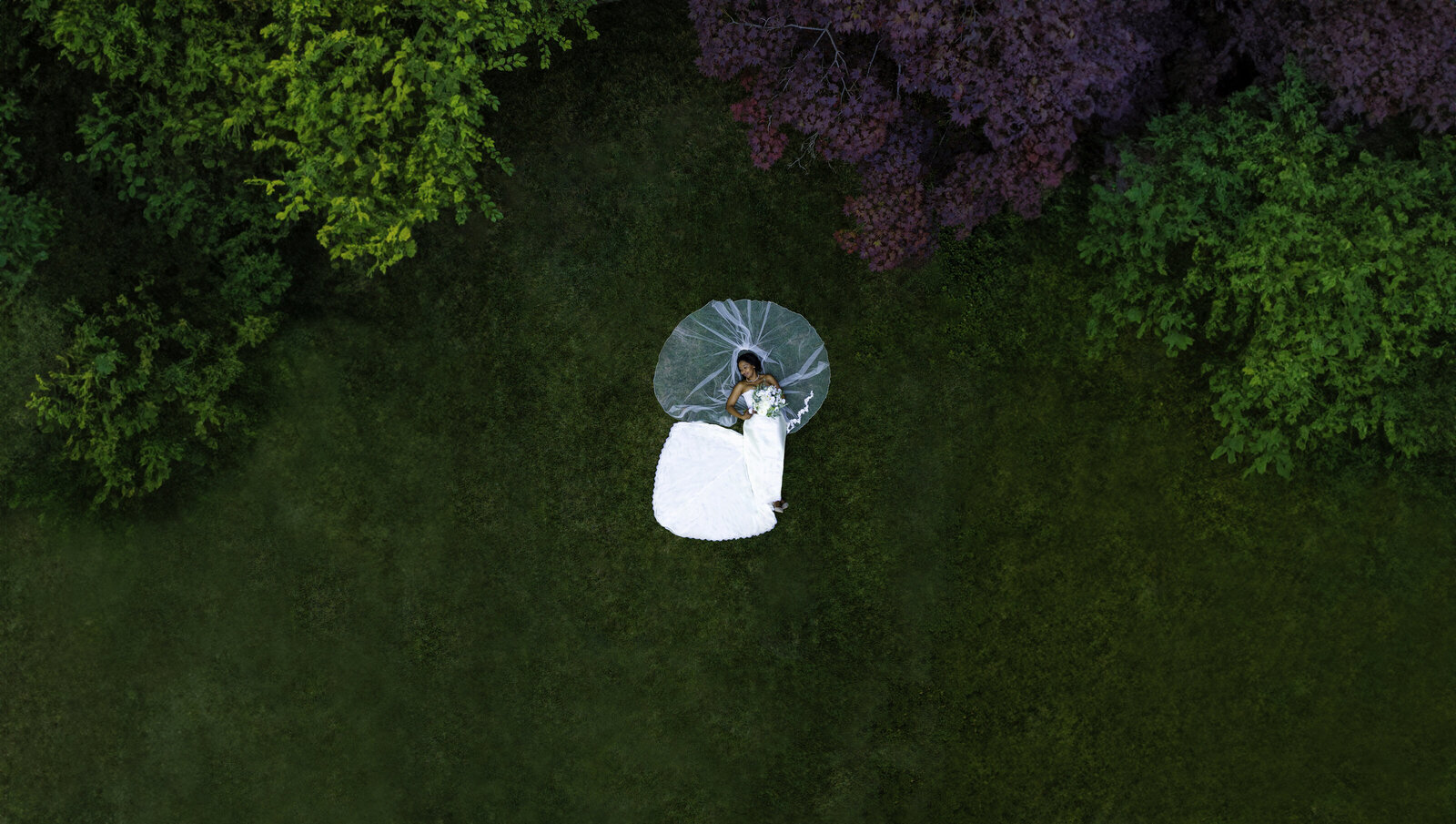 Bride laying in a field with trees surrounding her and her dress and veil spread out, captured with a drone by sacramento wedding photographer philippe studio pro.