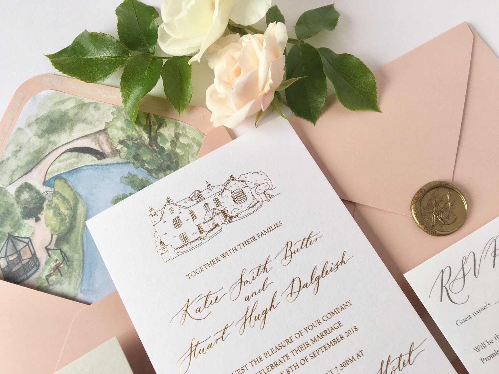 Scottish wedding invitations with gold, blush and venue illustration