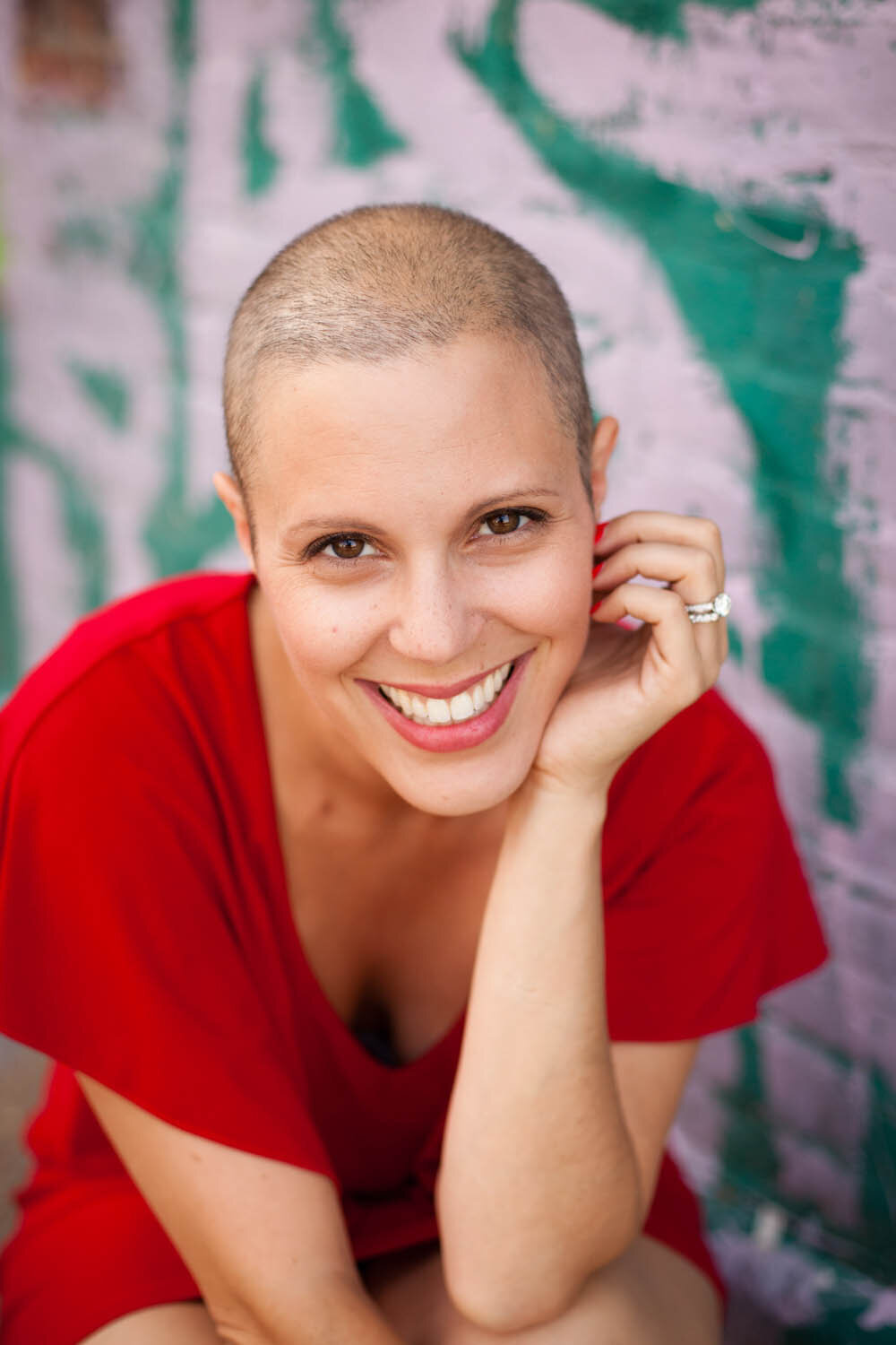 Portrait of woman with short hair during cancer treatment