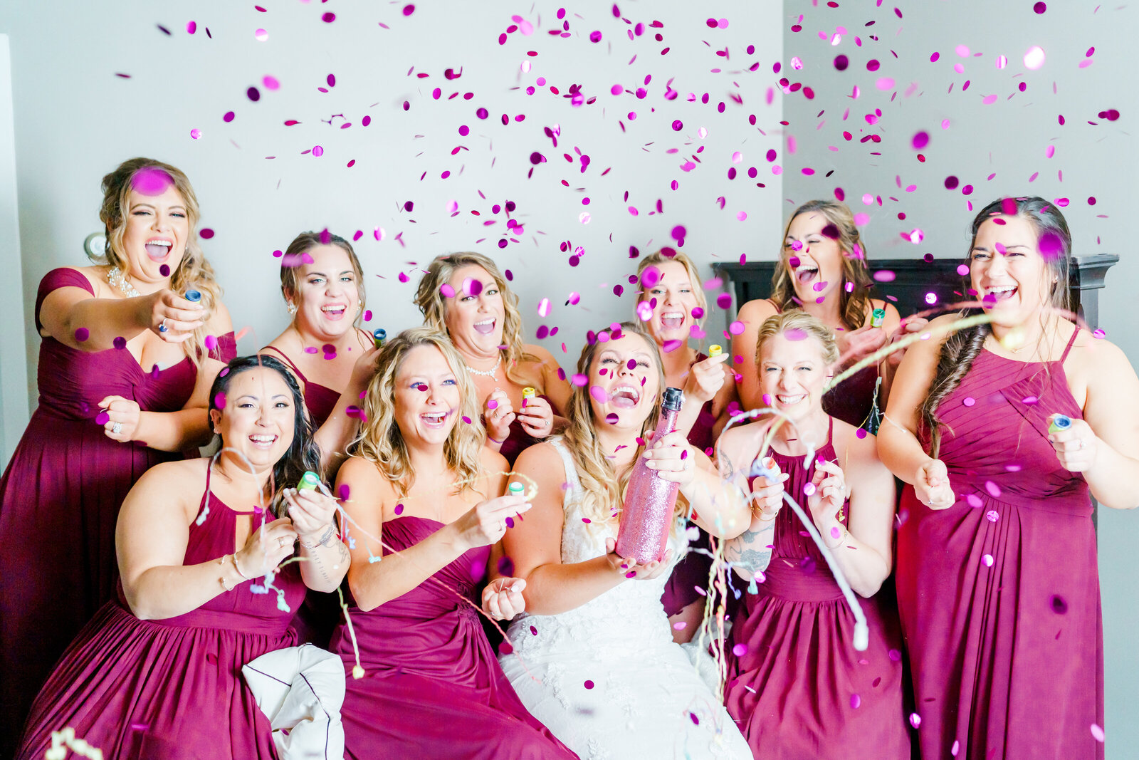 New Hampshire confetti photos with bridal party in pink dresses