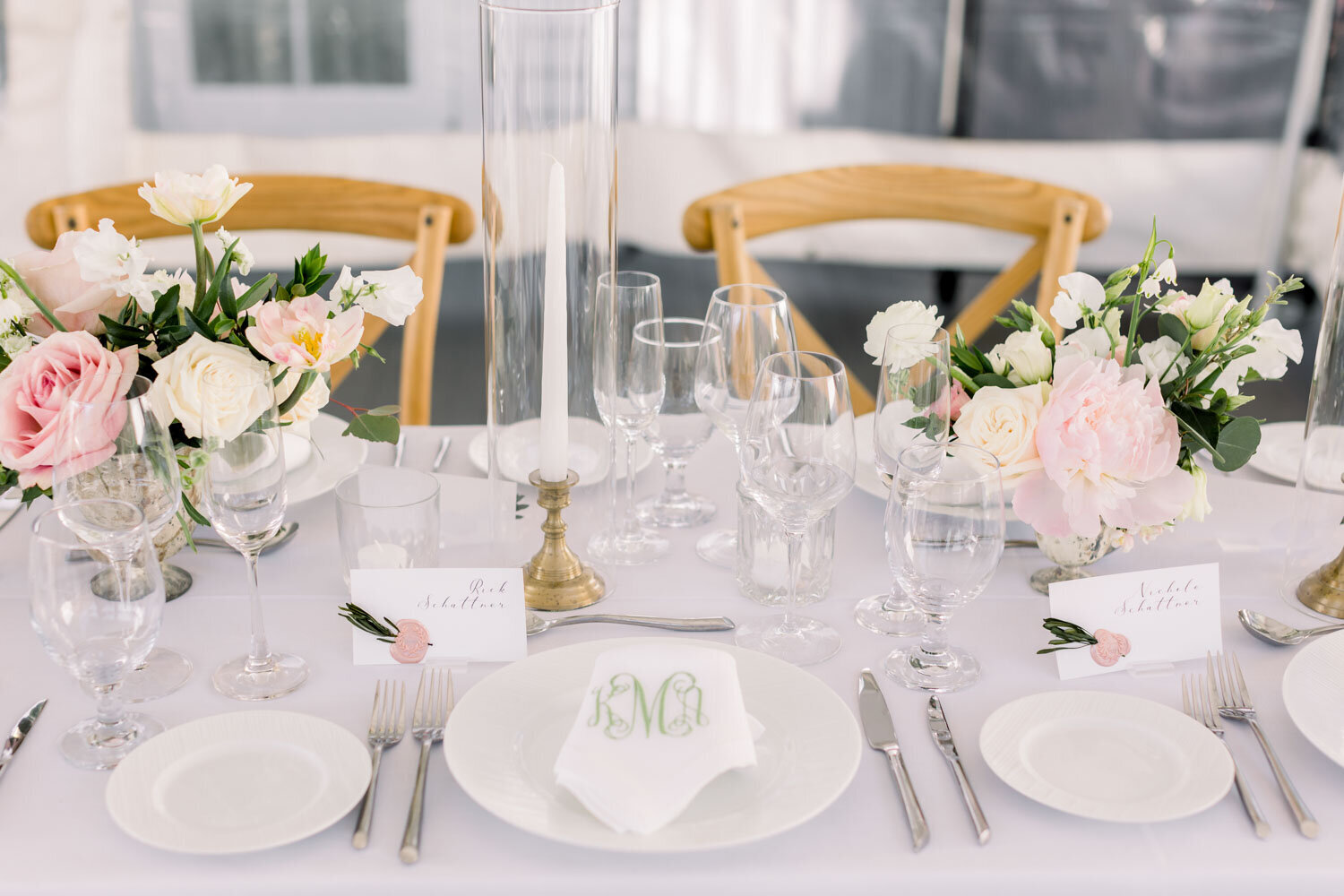 Simple table setting with a floral centerpiece