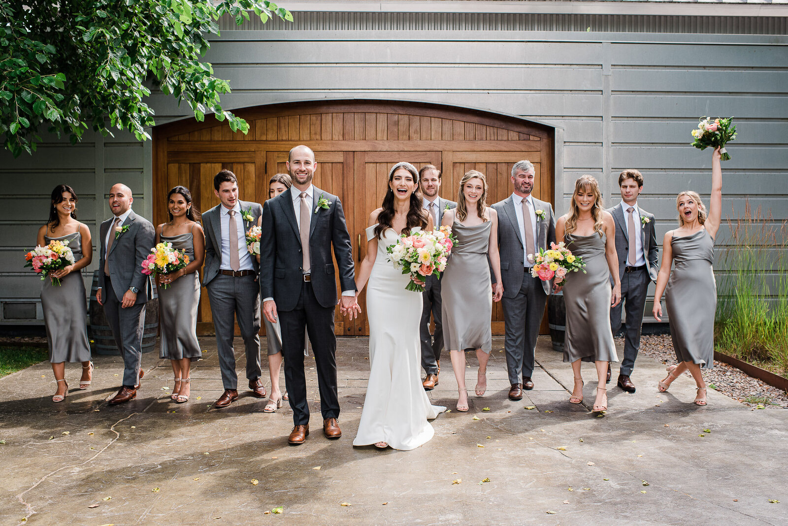 wedding party celebrating walking 