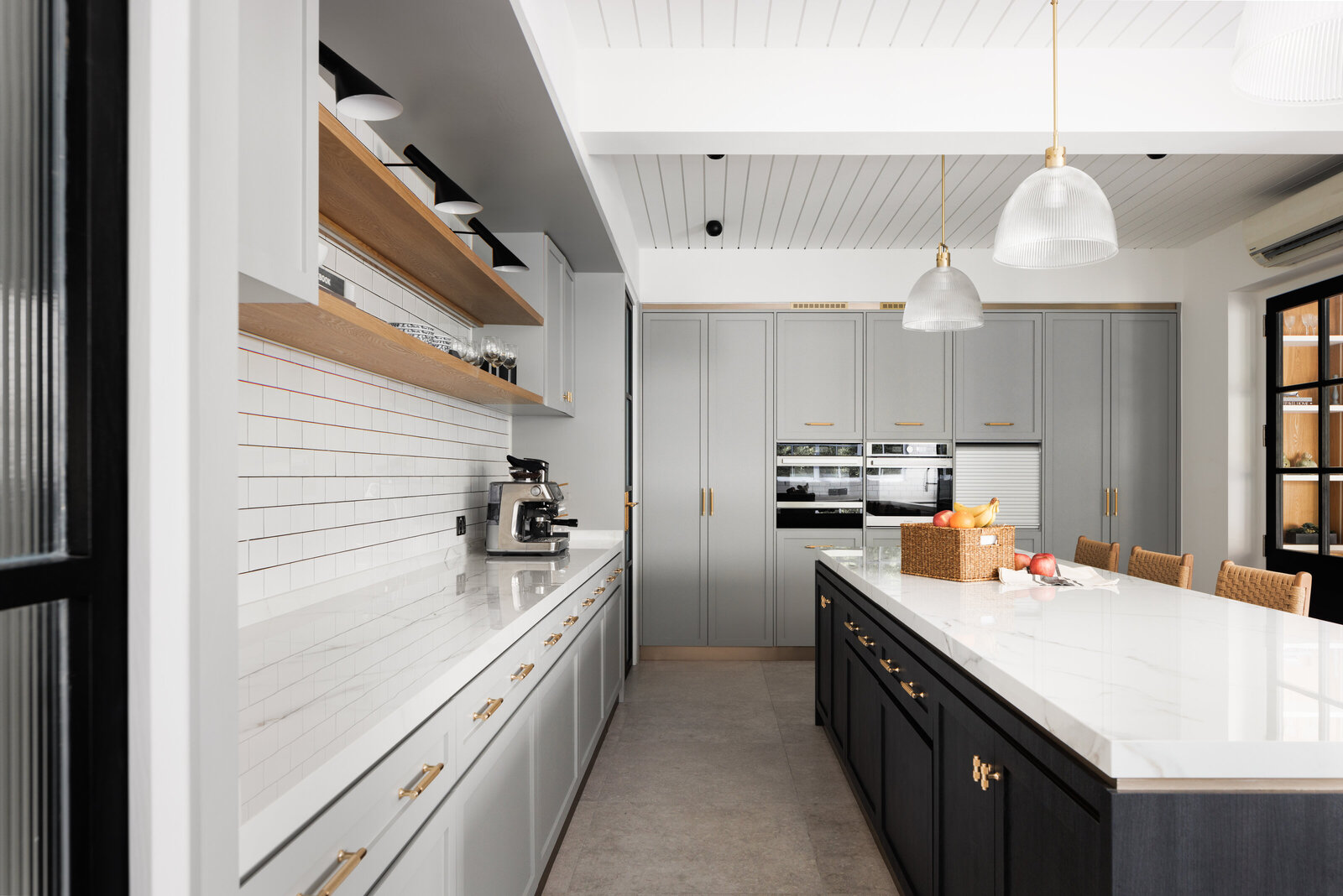 wide angle view of kitchen with island