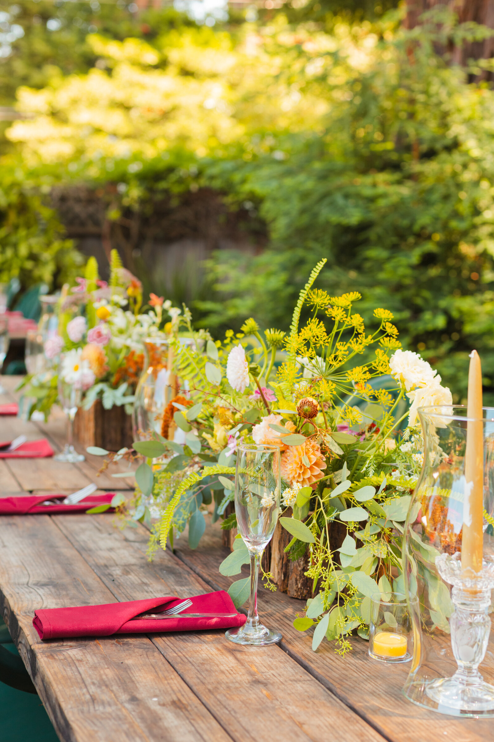 Colorful wedding details in Santa Cruz, California in the redwood trees.