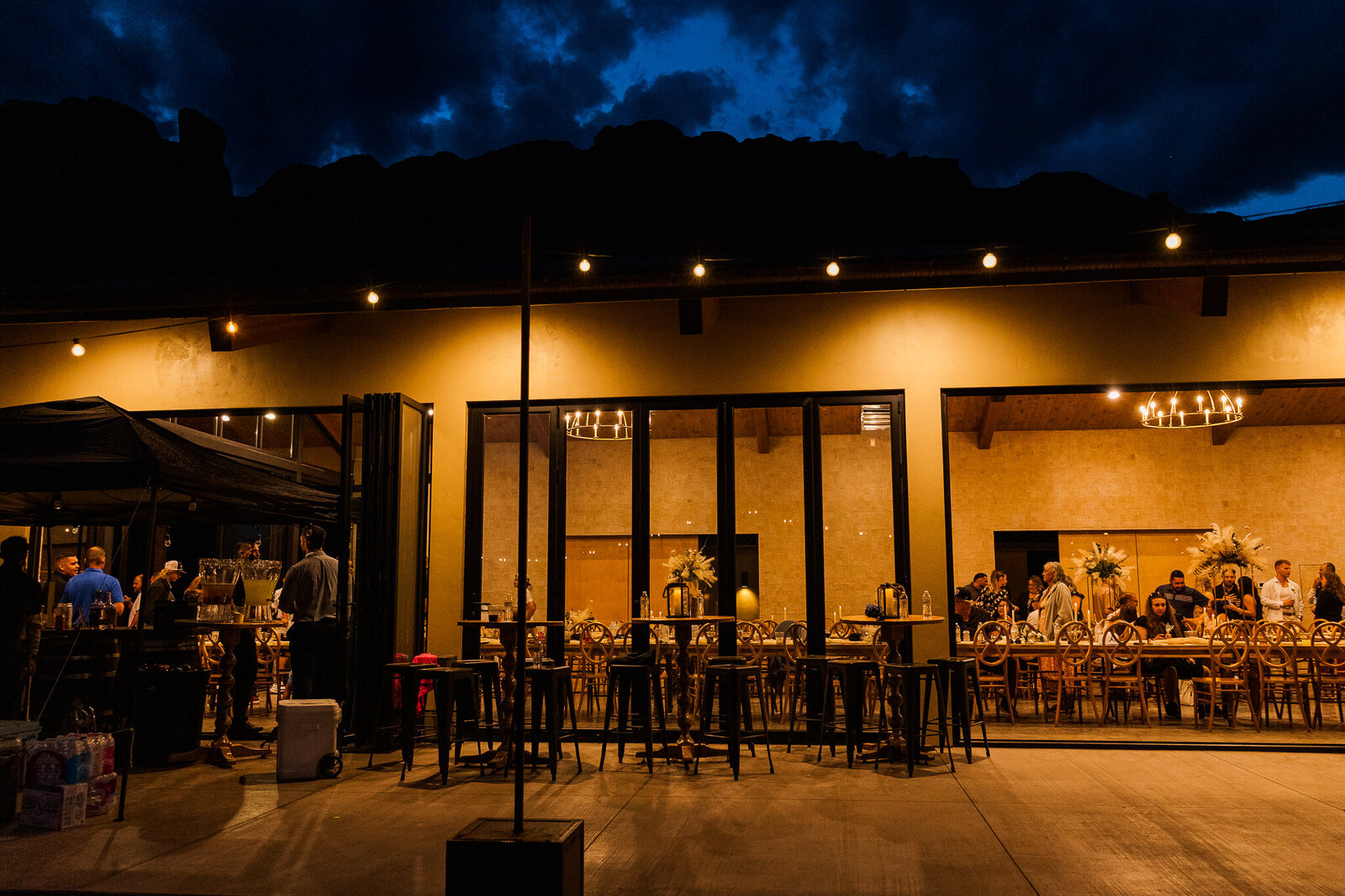 The Reception area of the red earth venue after the sun has set