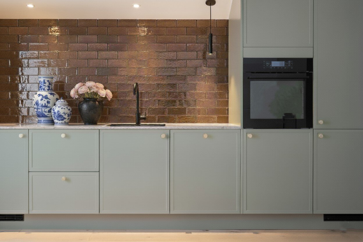 green kitchen w chinoiserie