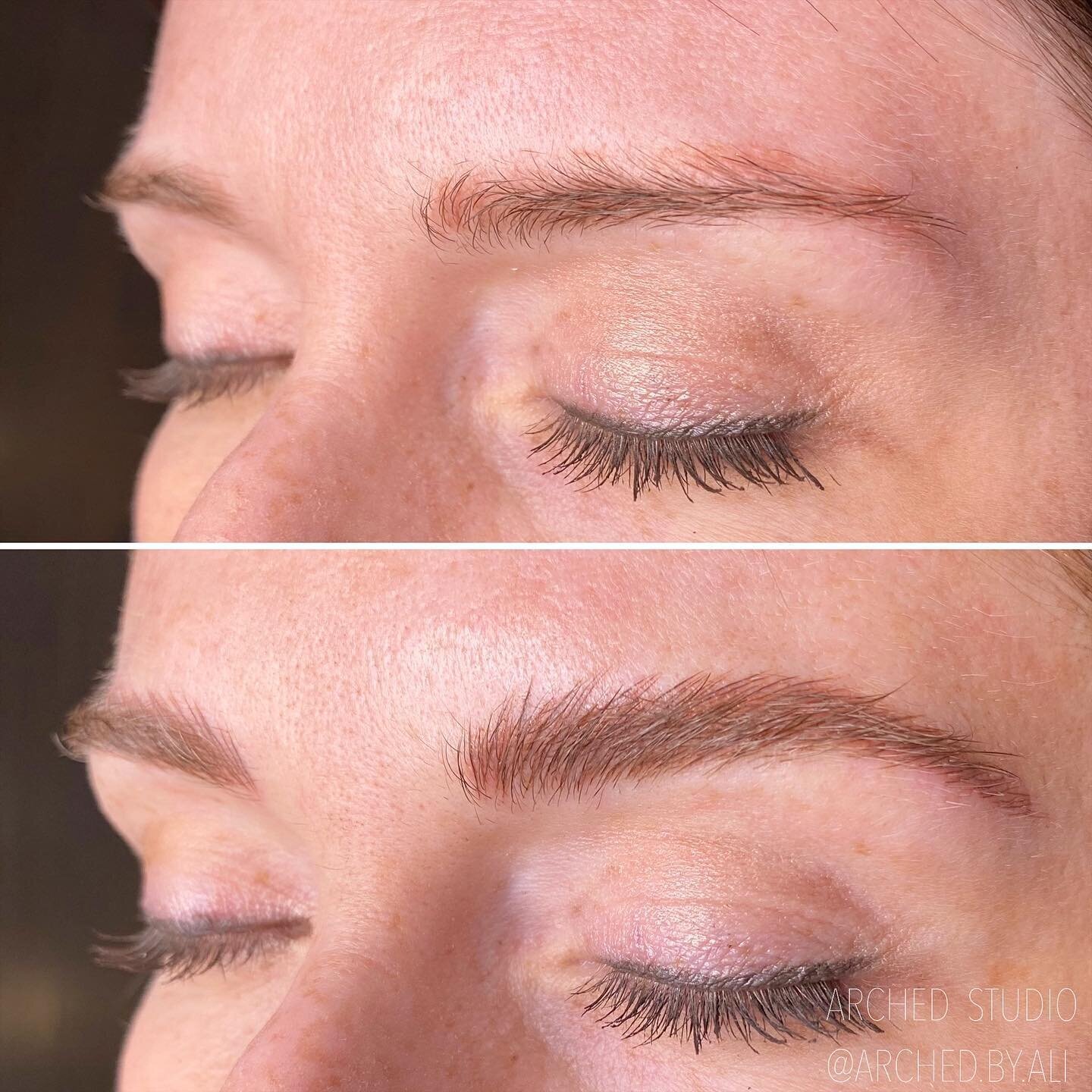 Female enhanced eyebrows that look naturally fluffy, through nicroblading services at ARCHED Coastal in Gulf Shores, Alabama.