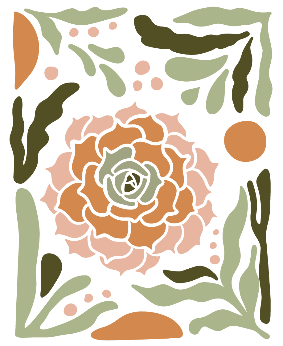 A series of intricate botanical illustrations in soft green, peach, and white tones. These decorative patterns reflect the natural, organic essence of the Herbalista Love brand, highlighting its connection to nature and wellness.