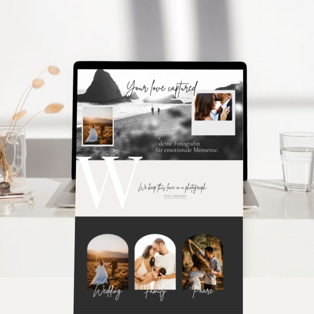 Kreative Website für eine Fotografin in schwarz und beige mit Polaroid-Fotos und ihren Angeboten (Hochzeit, Familie, Paare)