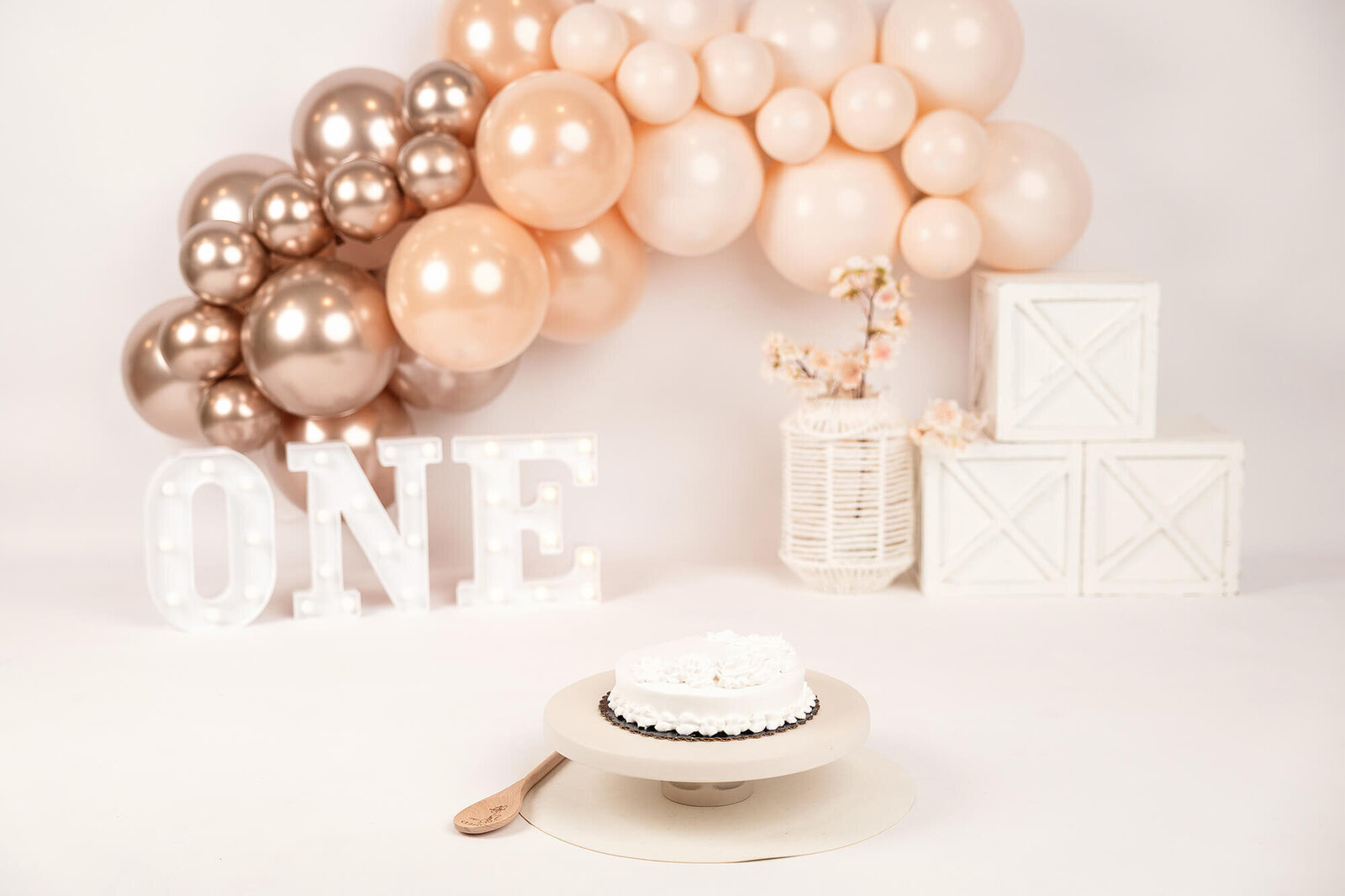 One year smash cake setup by Jennifer Brandes Photography.