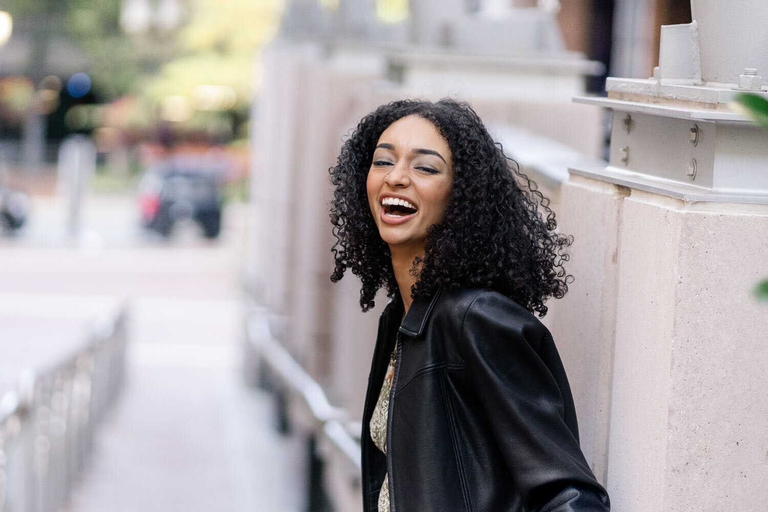 senior girl laughing at Reston Town Center, VA
