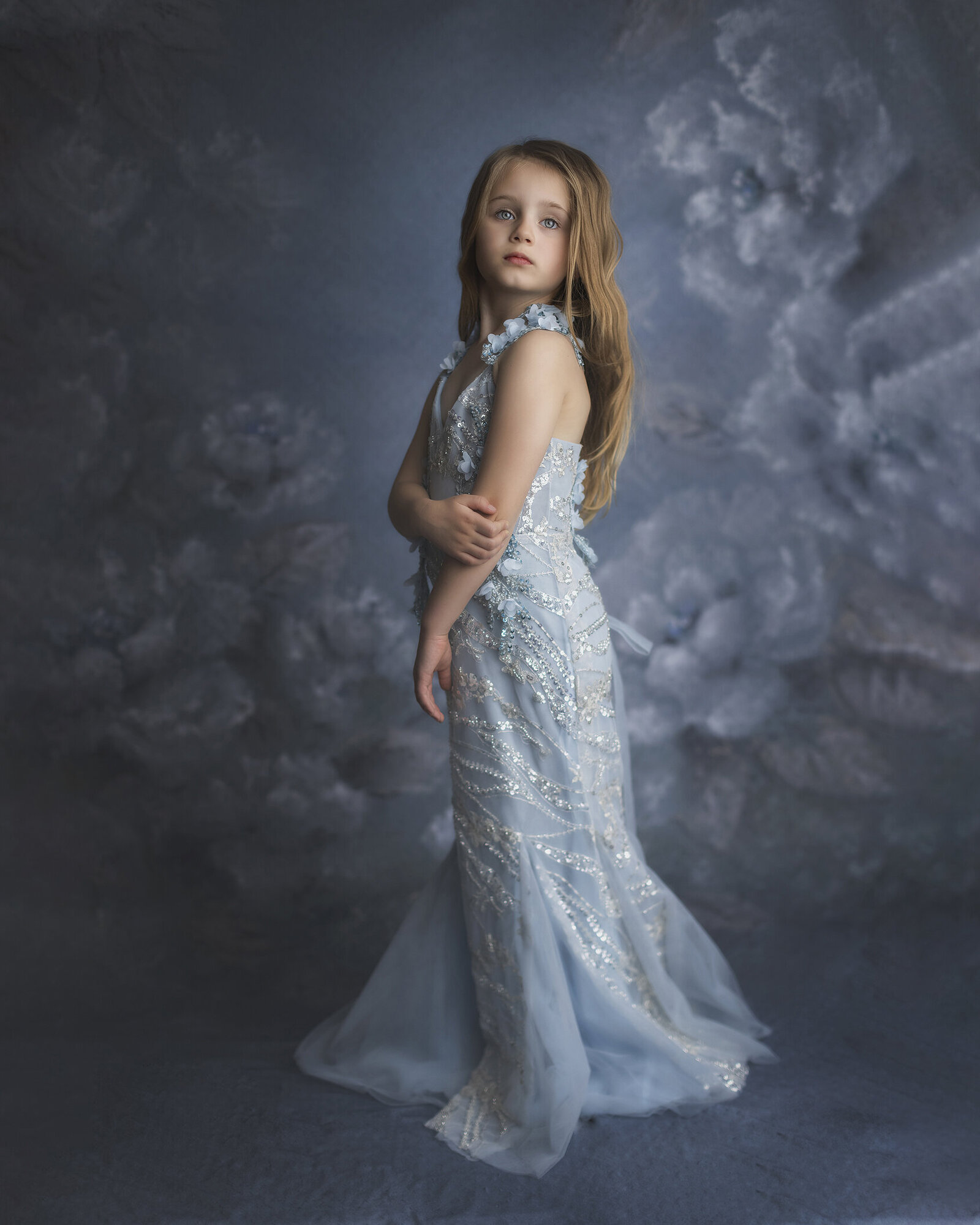 Girl wearing Before and Ever beaded gown for Fine Art photography.